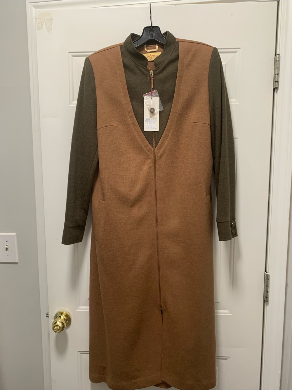 NWT Unique Olive & Tan Long Wool Blend Coat